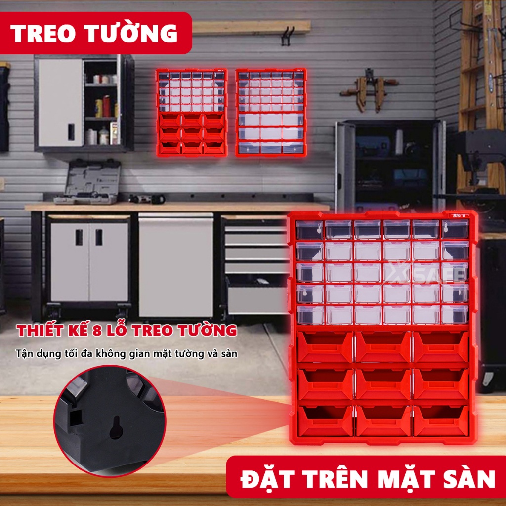 Tủ nhựa đựng linh kiện nhiều ngăn Bison tổng 39 ngăn tiện lợi, nhựa PP nguyên sinh, dùng đựng ốc vít linh kiện điện tử